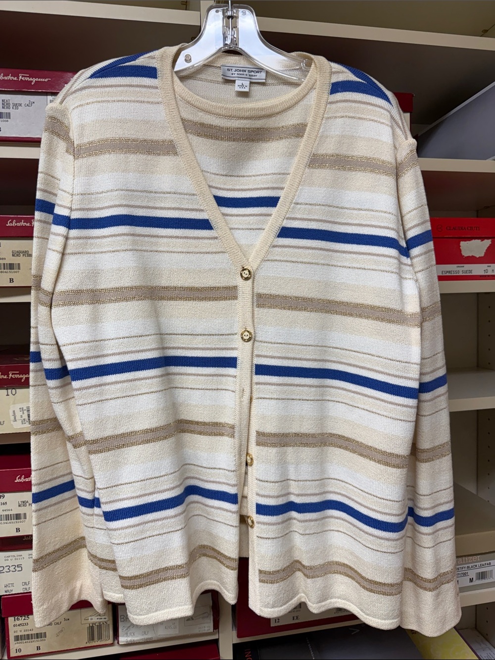 St. John’s Women’s crema & blue button front Sweater Set